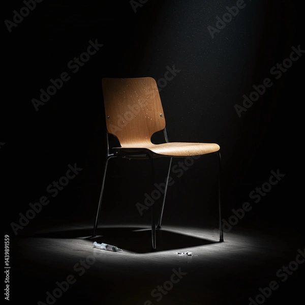 Obraz Lonely Chair and Abandoned Syringe in Dramatic Light – Symbolic 4K Realistic Scene on Drug Addiction and Isolation