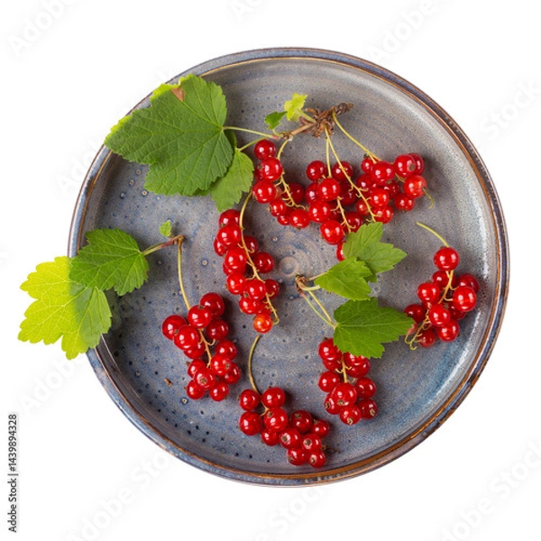 Fototapeta Fresh ripe red currant berries with leaves on gray plate isolated on white. Top view.