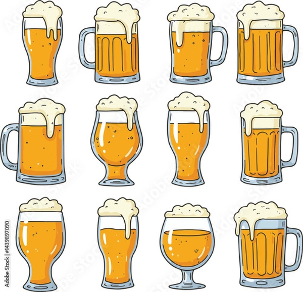 Fototapeta A collection of twelve cartoon beer glasses filled with beer and topped with white foamy head