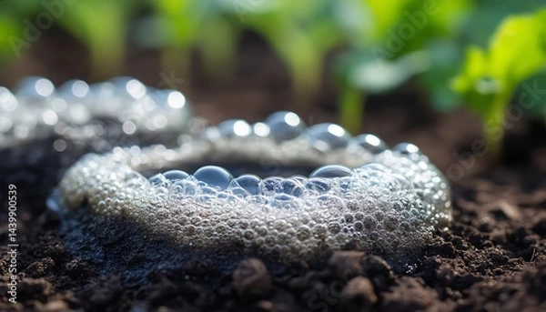Obraz Macro view of microbubble clusters forming on freshly brewed compost tea, indicating active microbial life. Captures natural soil enrichment methods for sustainable gardening use