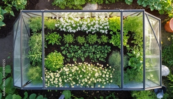 Fototapeta Top-down view of greenhouse micro-habitat patch with low-flowering herbs, sustaining pollinator populations year-round and supporting vegetable crop productivity naturally