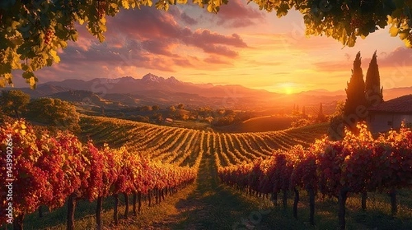 Obraz Lush vineyards stretching across rolling hills under vibrant sunset with majestic mountains in background 