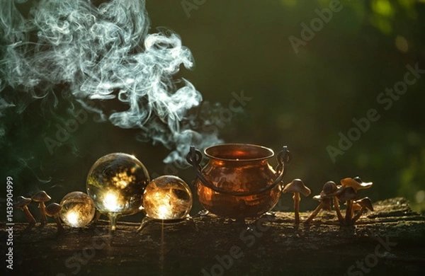 Obraz steaming witch copper cauldron and crystal balls in forest, dark natural background. occultism, magic crystal ritual, witchcraft. wicca, esoteric spiritual practice. fairytale, mystery image