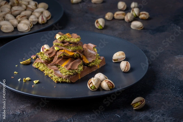 Fototapeta Dubai chocolate bar with filling made of kataifi (knafeh, kadayif) and pistachio  paste. Trendy chocolate on dark background.
