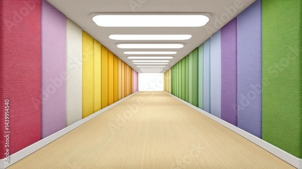 Fototapeta Long hallway with colorful walls and wooden floor featuring abstract motion blur background texture