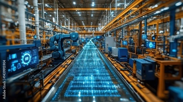 Fototapeta Automated Manufacturing Factory with Robotic Arm and Data Flow