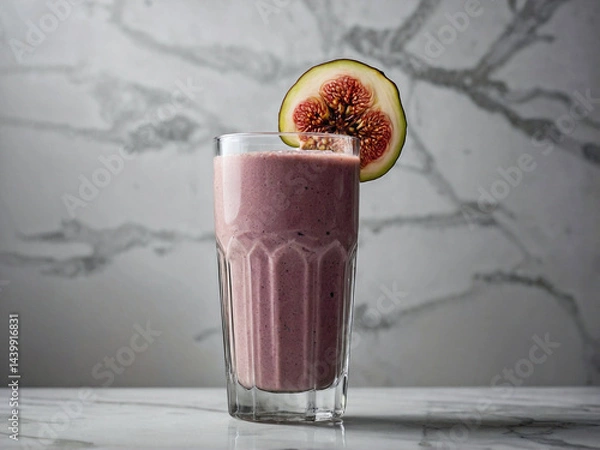 Fototapeta A clear glass filled with a creamy, slightly textured fig smoothie, topped with a fig slice