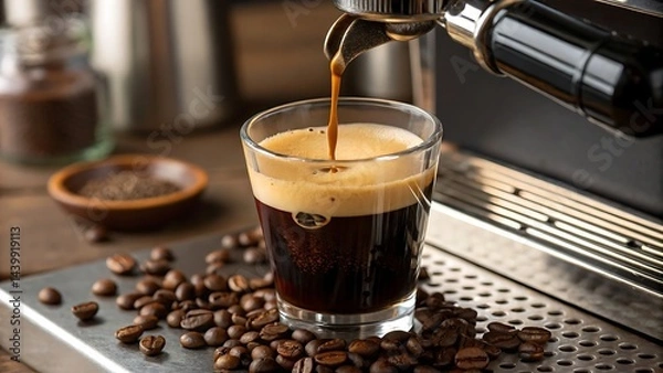Obraz Espresso pouring into a glass from a professional coffee machine