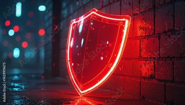 Obraz Red Neon Shield Glowing Against a Brick Wall at Night