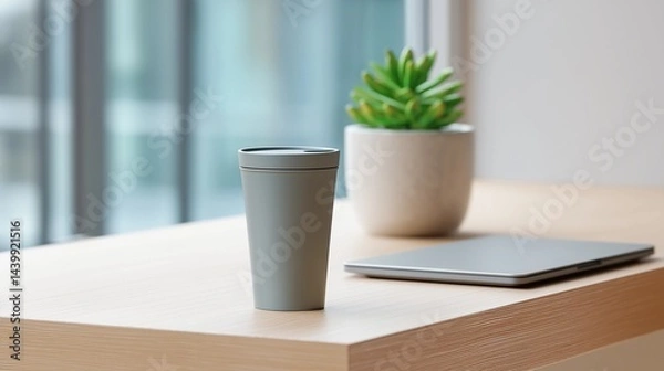 Obraz Integrating sustainable habits into the workday: A reusable cup sits beside a laptop and plant, symbolising Plastic Free July participation in an office setting.