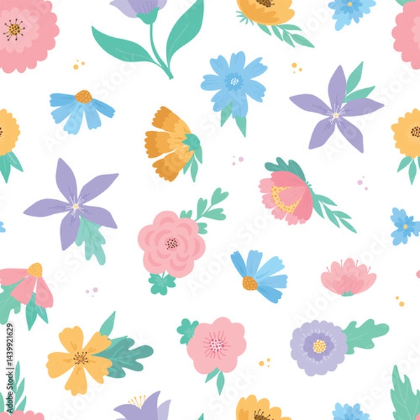 Obraz Floral seamless pattern with cartoon flowers and leaves for textile prints, wallpaper, backgrounds, wrapping paper, stationery, scrapbooking, etc. EPS 10