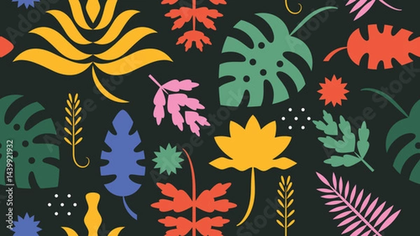 Fototapeta Seamless pattern with colors abstract leaves and flowers on a black background