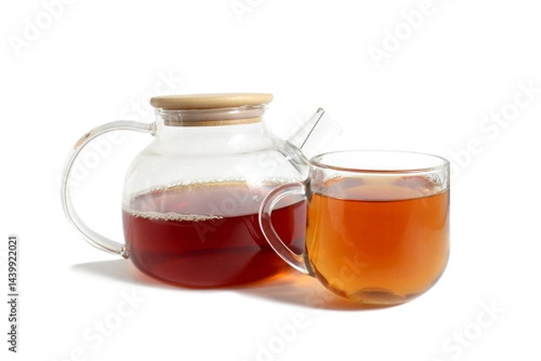Obraz There is a glass teapot with tea on a white background.