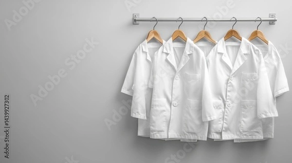 Fototapeta White lab coat hanging on a wall against a minimalist white background in a clean laboratory setting