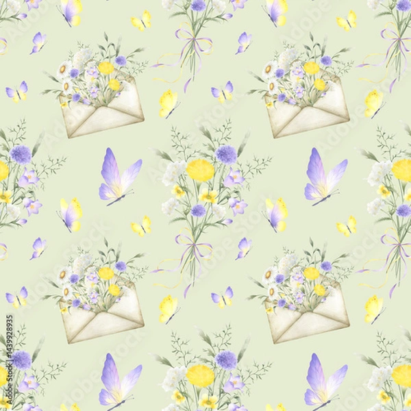 Fototapeta Watercolor yellow lilac wildflowers and butterflies seamless pattern. Field flowers and meadow grasses in bouquet tied ribbon bow and in old vintage envelope. Hand drawn illustration on light green