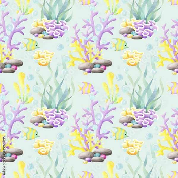 Fototapeta Seamless pattern with seaweed, corals, tropical fish and pebble on turquoise color. Hand drawn sea underwater watercolor illustration in yellow, lilac and green color for kids marine, nautical design