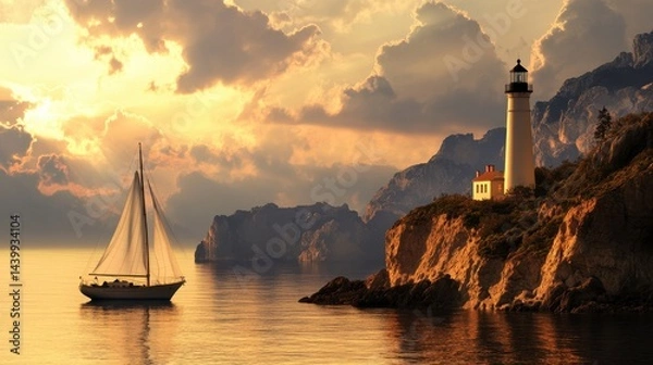 Obraz Cliffside Lighthouse Serenity, a majestic lighthouse perched on a cliff with a soft beige backdrop, evoking tranquility and coastal beauty