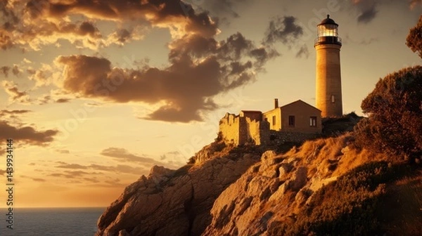 Obraz Lighthouse on a Cliff with Soft Beige Background, detailed coastal scene, serene atmosphere, inviting coastal imagery