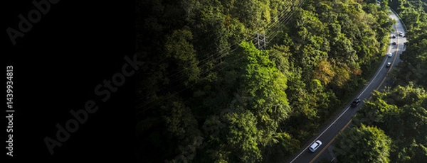 Obraz Electric cars to protect the environment and transportation road of Rainforest ecosystem and healthy environment concept , road curve construction up to mountain, panoramic view 