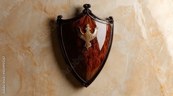 Fototapeta Shield icon symbolizing protection, soft beige backdrop, positioned on the right side of the canvas, intricate detailing enhances visual appeal