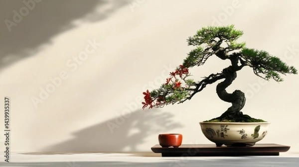 Fototapeta Bonsai Serenity, a delicate bonsai tree in a ceramic pot, soft beige backdrop, elegantly positioned on the right side of the canvas.