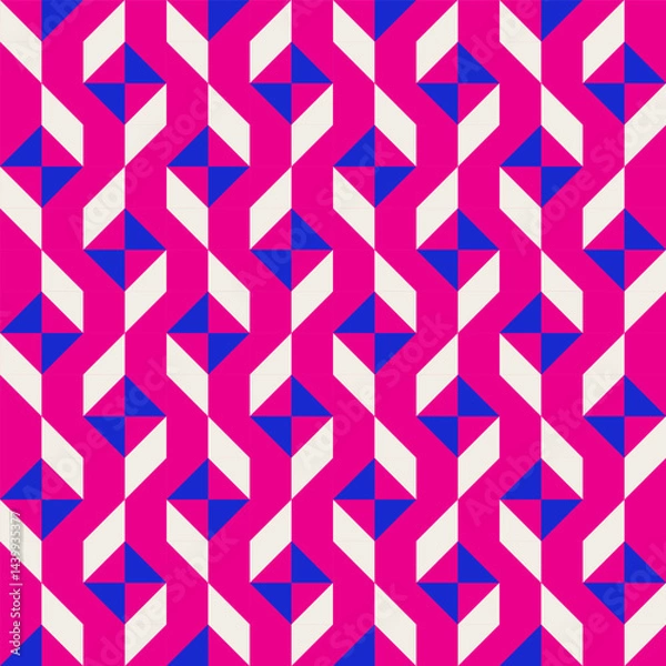 Fototapeta Bright bold vibrant abstract geometric quilt seamless vector pattern, color block. High contrast geometric colorful patchwork background. Pink fuchsia magenta and indigo cobalt blue color combination
