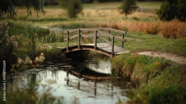 Obraz Wooden Bridge Over Tranquil Pond, serene setting with soft beige tones, bridge positioned on the right side, inviting natural beauty and calmness