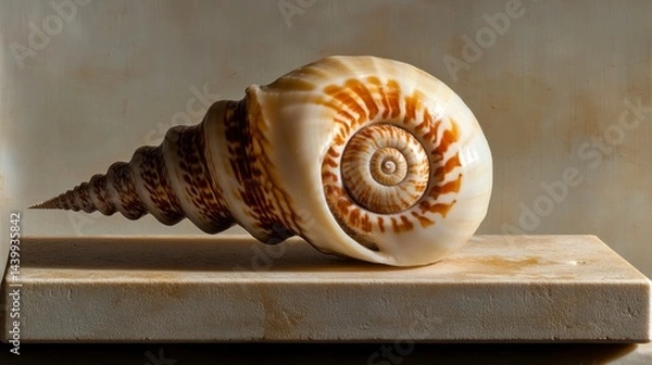 Fototapeta Spiral seashell with intricate patterns, soft beige backdrop, positioned on the right side of the canvas, showcasing natural elegance and detail