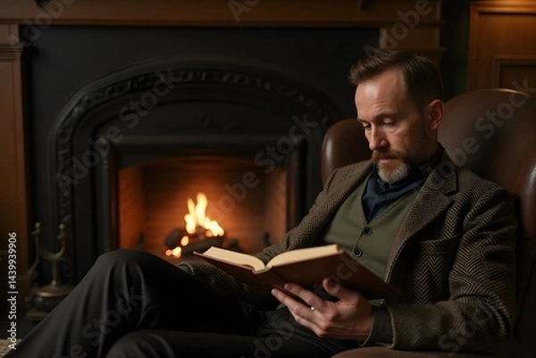 Fototapeta A man in tweed reads an aged novel beside a crackling fireplace in a 1930s lodge.
