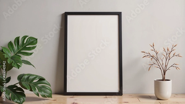 Fototapeta Blank Framed Photo Canvas Displayed in Minimalist Interior  