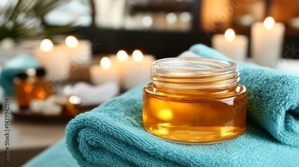 Obraz Relaxing Spa Atmosphere: argan Oil on Teal Towels