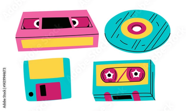 Fototapeta set of audio and video data storage from the 90s and 2000s. Flat color illustration. pop-retro vector for greeting cards or posters, for printing on clothes. Fashion and style, clothes and accessories