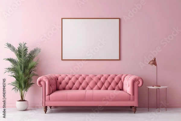 Fototapeta A pink tufted sofa is paired with a small table and lamp in a modern, elegant room decorated with plants