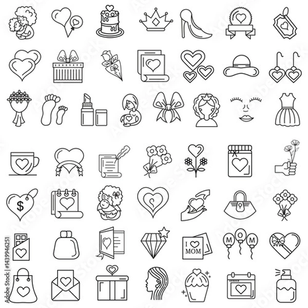 Fototapeta Art & Illustration A collection of minimalistic line icons themed around Mother's Day, Mother's Day Line Icons Set 