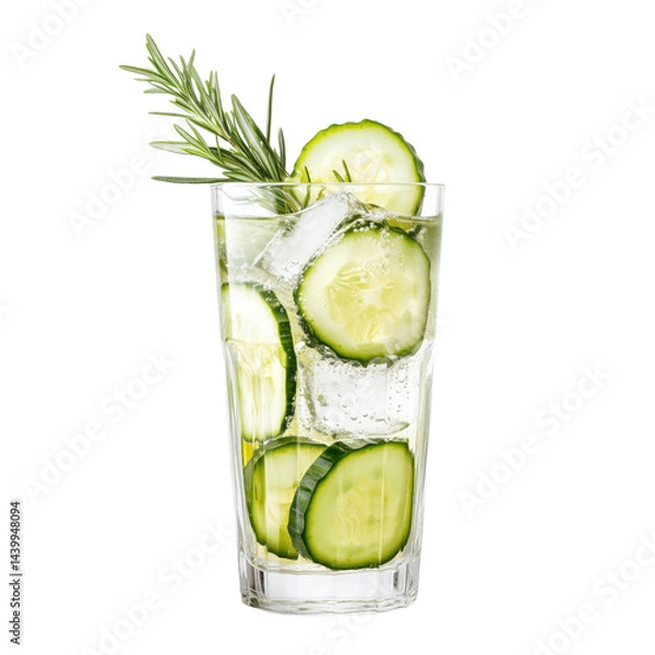 Fototapeta Refreshing drink with cucumber slices, ice cubes, and rosemary sprigs, isolated on a transparent background.