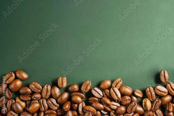 Fototapeta A display of roasted coffee beans scattered on a green background.