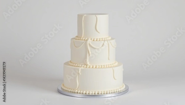Fototapeta Elegant white wedding cake displayed on silver stand indoor event food photography minimalist style