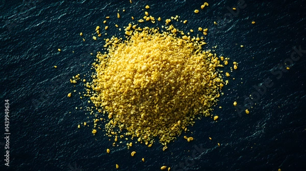 Fototapeta A neat pile of golden yellow fennel pollen arranged on a dark, smooth surface, emphasizing its natural, aromatic qualities and fine texture.