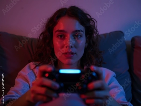 Fototapeta A close-up of a young woman with curly hair holding a video game controller, illuminated by colored light