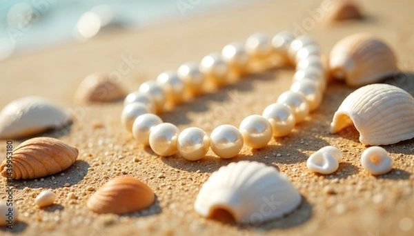 Fototapeta A pearl bracelet and gold rings lie on white sand with seashells.