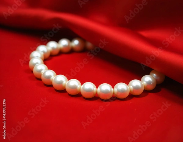 Fototapeta beautiful seawater pearl bracelet on a red background. Creative banner. Copyspace image