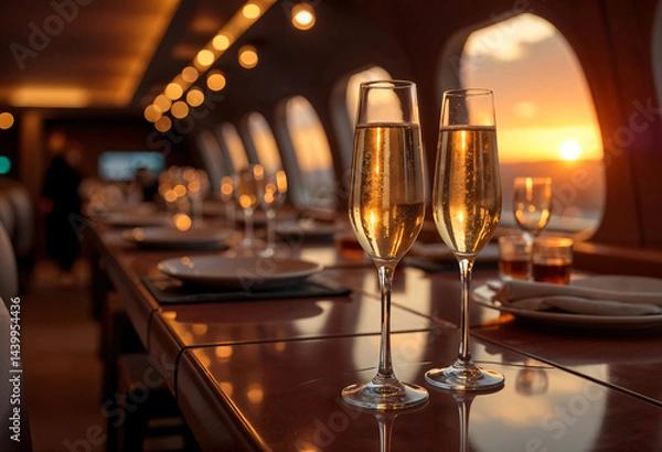 Fototapeta Elegant setting featuring three champagne glasses on a luxurious yacht table, with a scenic sunset in the background.