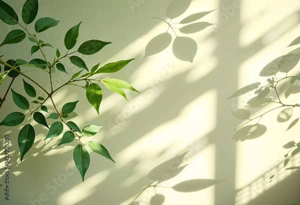 Fototapeta Fresh summer interior with green leaves in sun light with shadow on white marble tile wall wood table copy space vertical