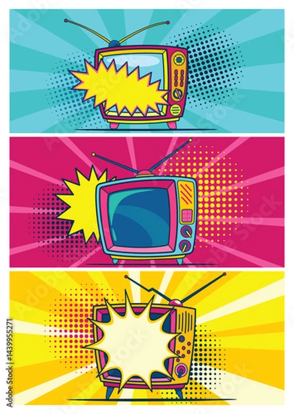 Fototapeta Comic retro tv set on halftone and dots backdrop. Vector colorful background in pop art retro comic style. Cartoon vintage 70s, 80s television