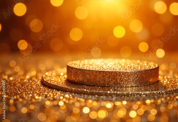 Obraz Elegant golden podium on a shimmering background with soft bokeh lights creating a luxurious atmosphere for product display or award presentation