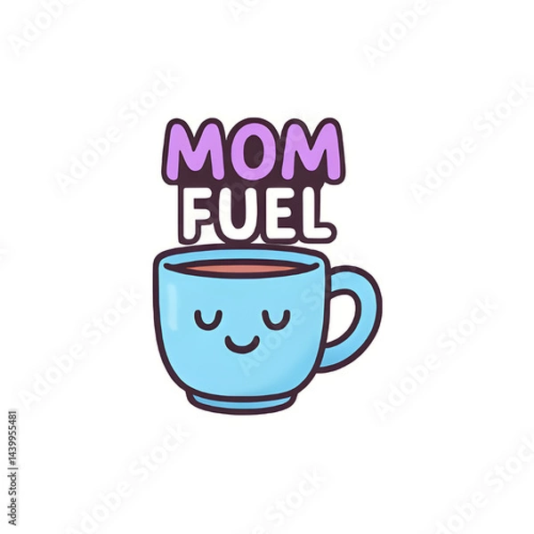 Fototapeta An illustration of a cute smiling cup of coffee, symbolizing energy and vitality with "Mom Fuel" text.