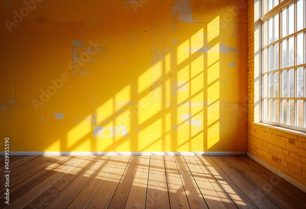 Fototapeta empty room,yellow room,A bright yellow room with sunlight streaming through window creates a warm and inviting atmosphere