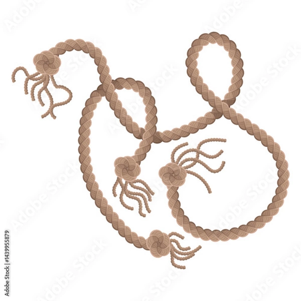 Fototapeta Hanging rope with tassel and node. Knitted nautical thread or marine vertical fiber. Textile tassel hang at rope isolated on white background. Vector illustration