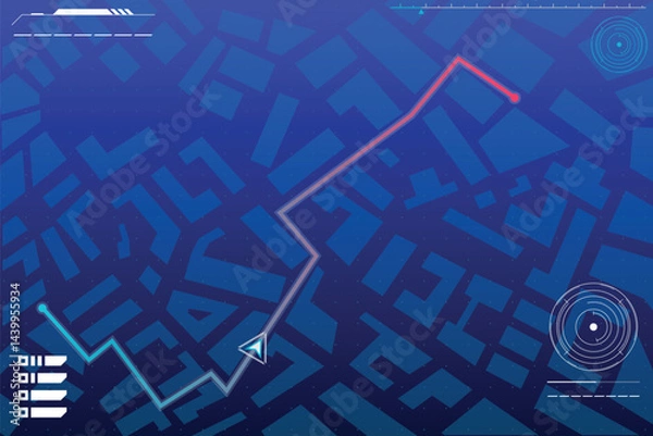 Fototapeta Navigation map game. Futuristic UI for city streets roadmap, gps orientation, app vector template. Road direction in digital navigation map on screen display