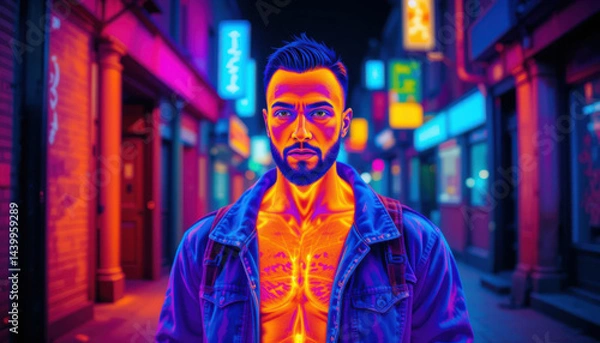 Obraz A stylized portrait of a man, his torso glowing with thermal energy, stands on a neon-lit city street at night. The image is vibrant and surreal.